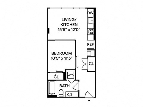 Floor plan for 1 bed, 1 bath, 528 sqft